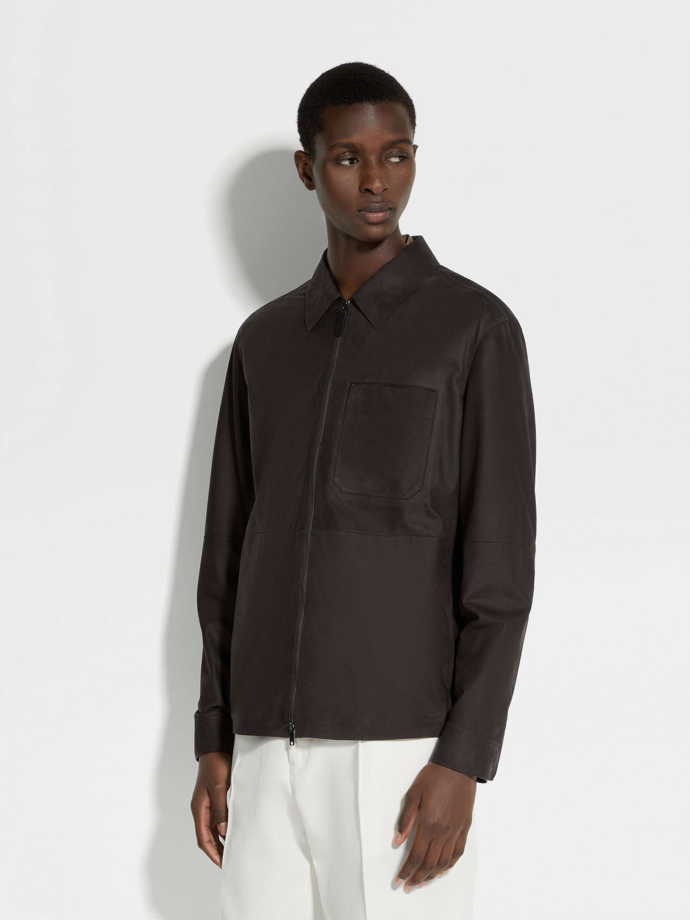 Zegna Secondskin Zip-front Nubuck Overshirt In Brown