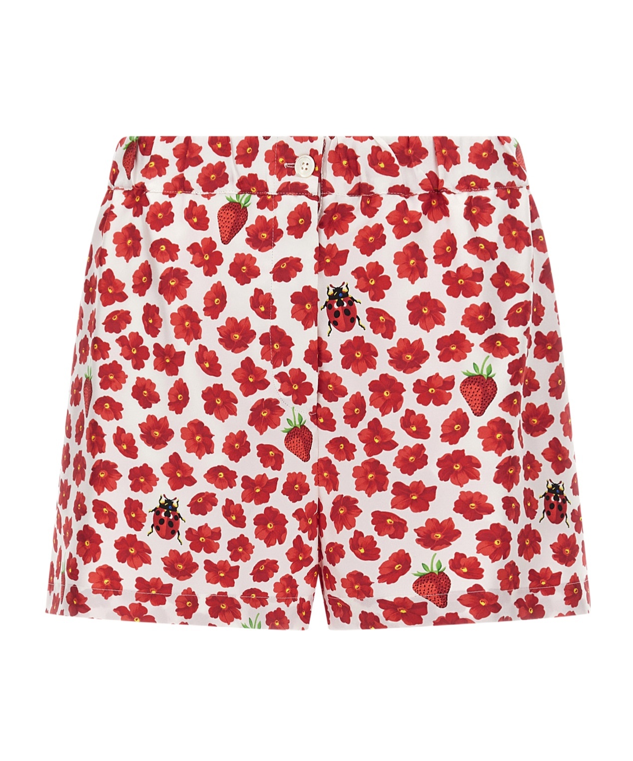 Versace 'floral Ladybug Strawberry' Elastic Waistband Shorts In Pink