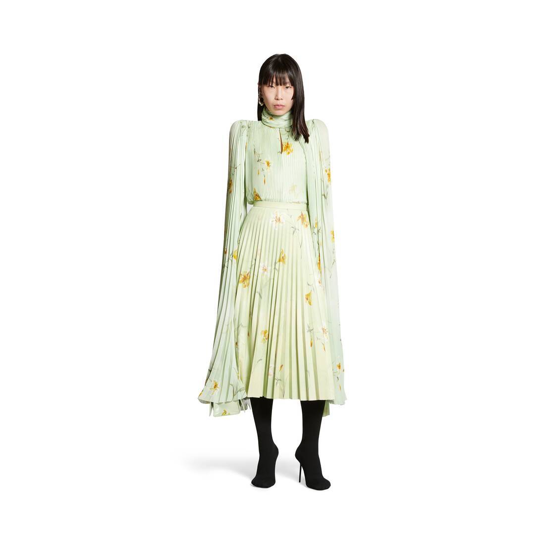 Balenciaga Plissierter Midirock Mit Blumen-print In Green