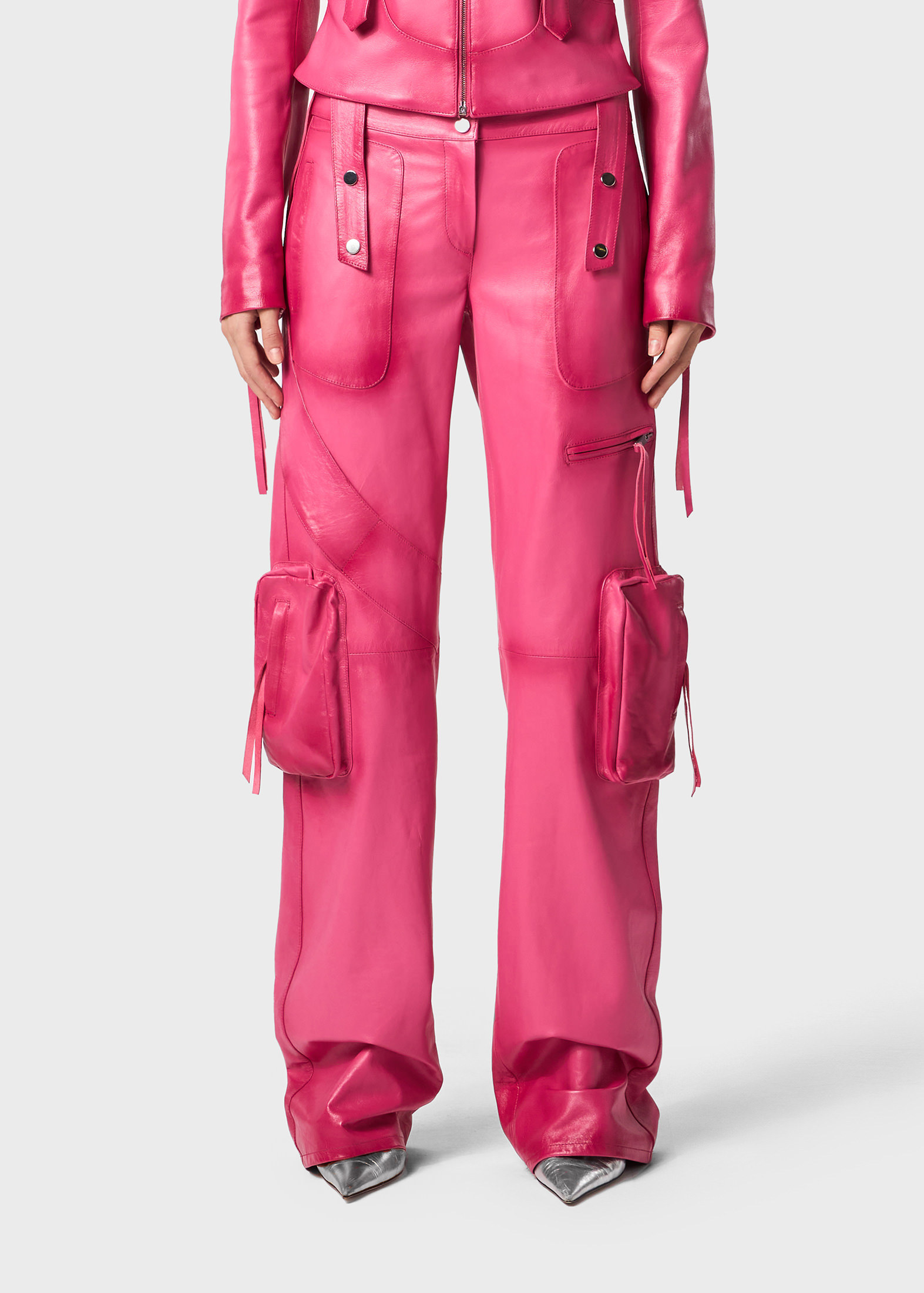 Blumarine Slim-cut Leather Cargo Trousers In Pink