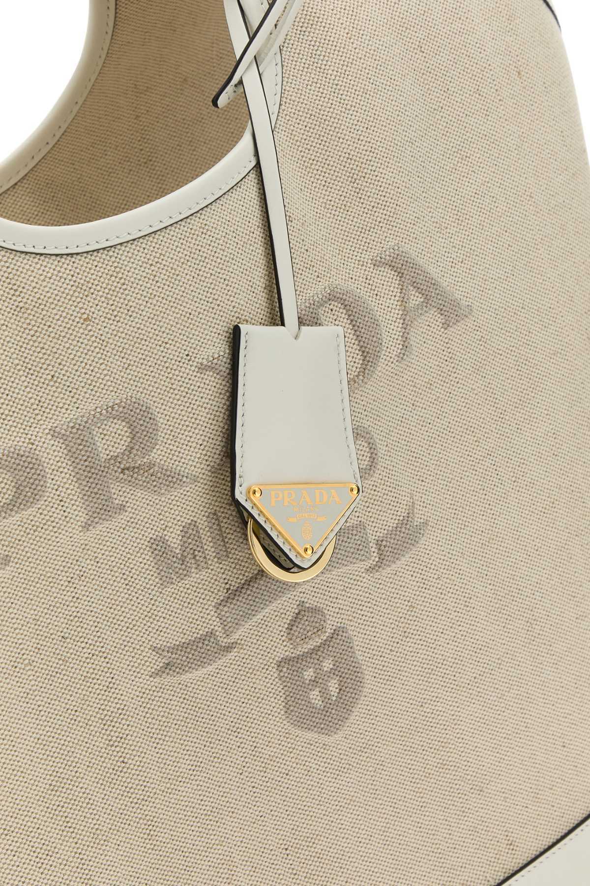 Prada Textured Fabric Shoulder Bag With Top Handle In Tan / White