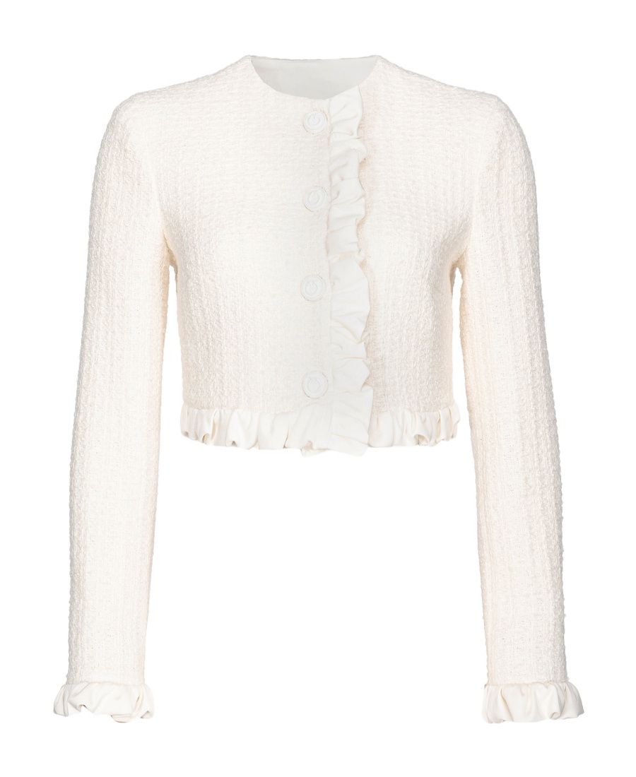 Pinko Ruffle-detail Cropped Tweed Jacket In White