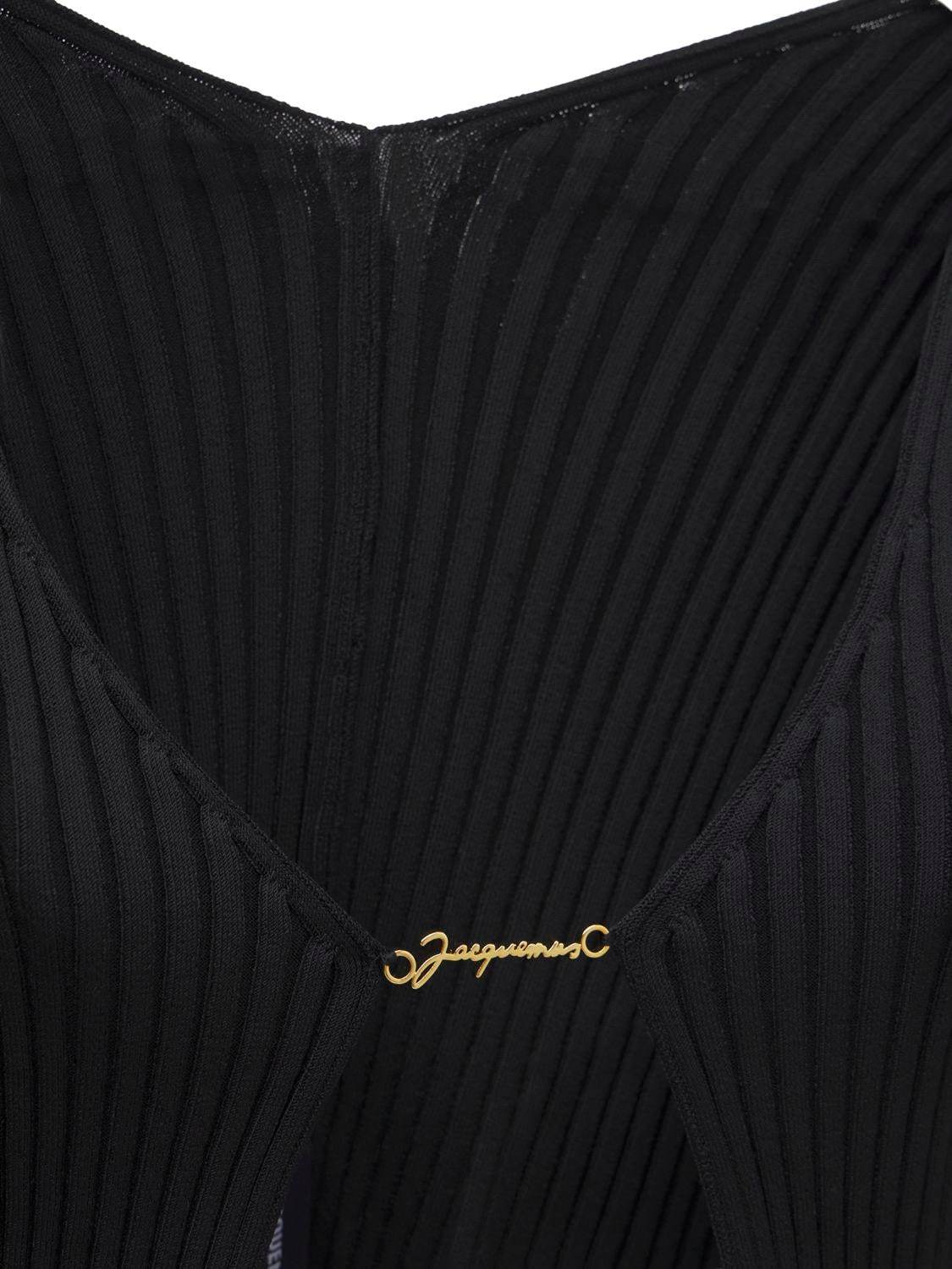 Jacquemus 'la Maille Pralu Longue' Black Ribbed Cardigan With Logo Charm Woman In Black