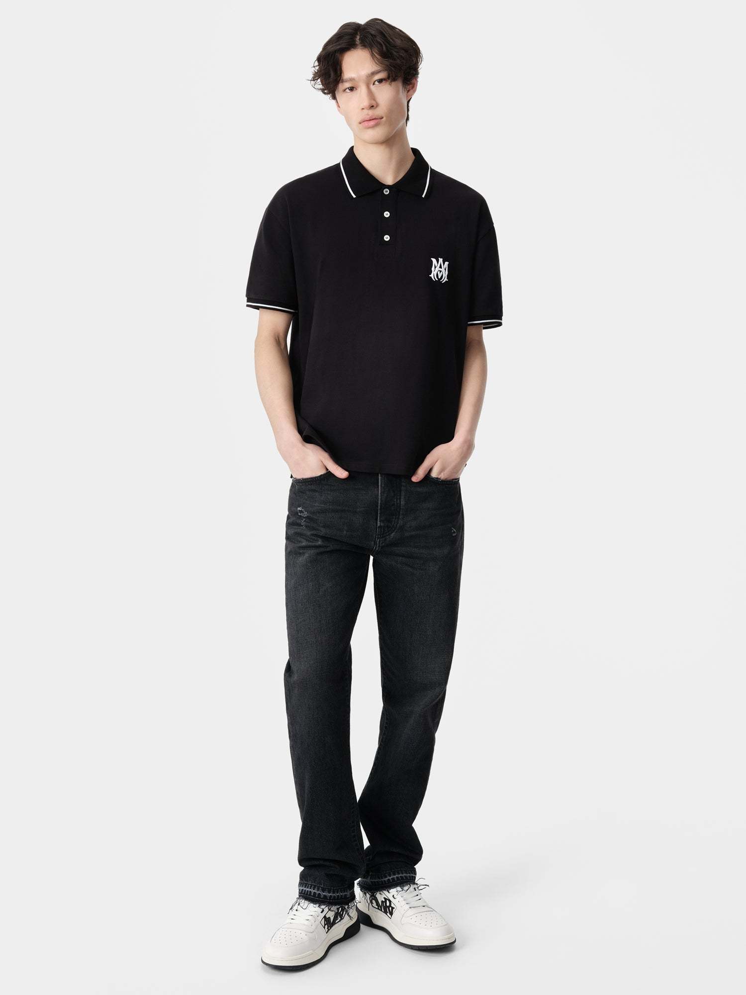 Amiri Black Polo Shirt With Classic Collar And Logo Embroidery On The Front In Black