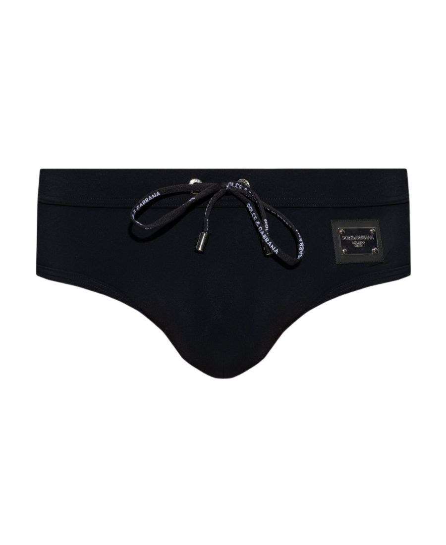 Dolce & Gabbana Black Swim Brief With Metallic Dg Logo In Stretch Polyamide Man In Black