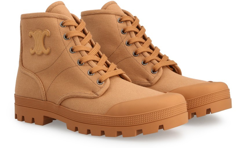 Celine Patapans Canvas Lace Up Boots In Brown