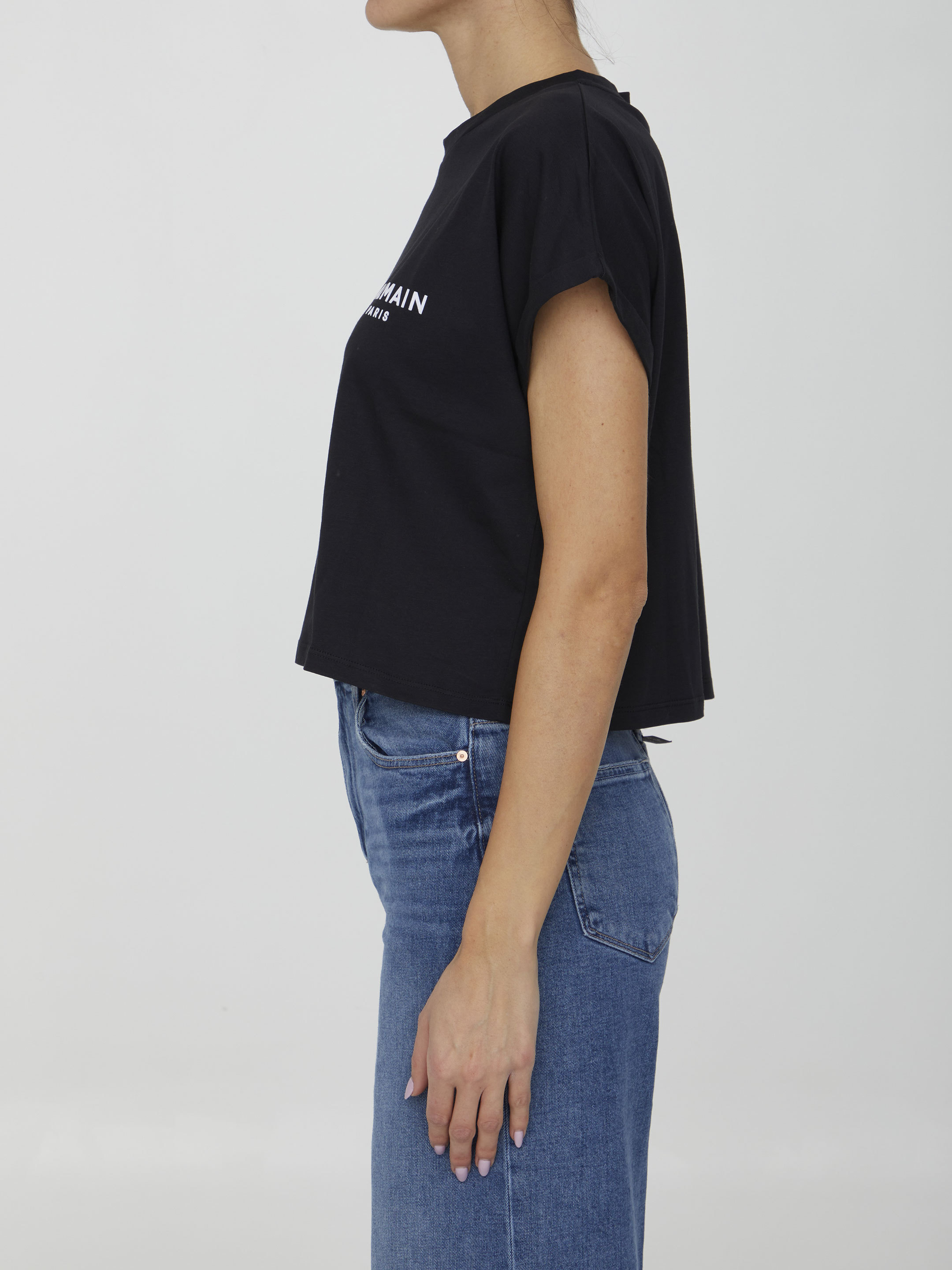 Balmain Cropped Cotton T-shirt With Small Flocked Logo In Black