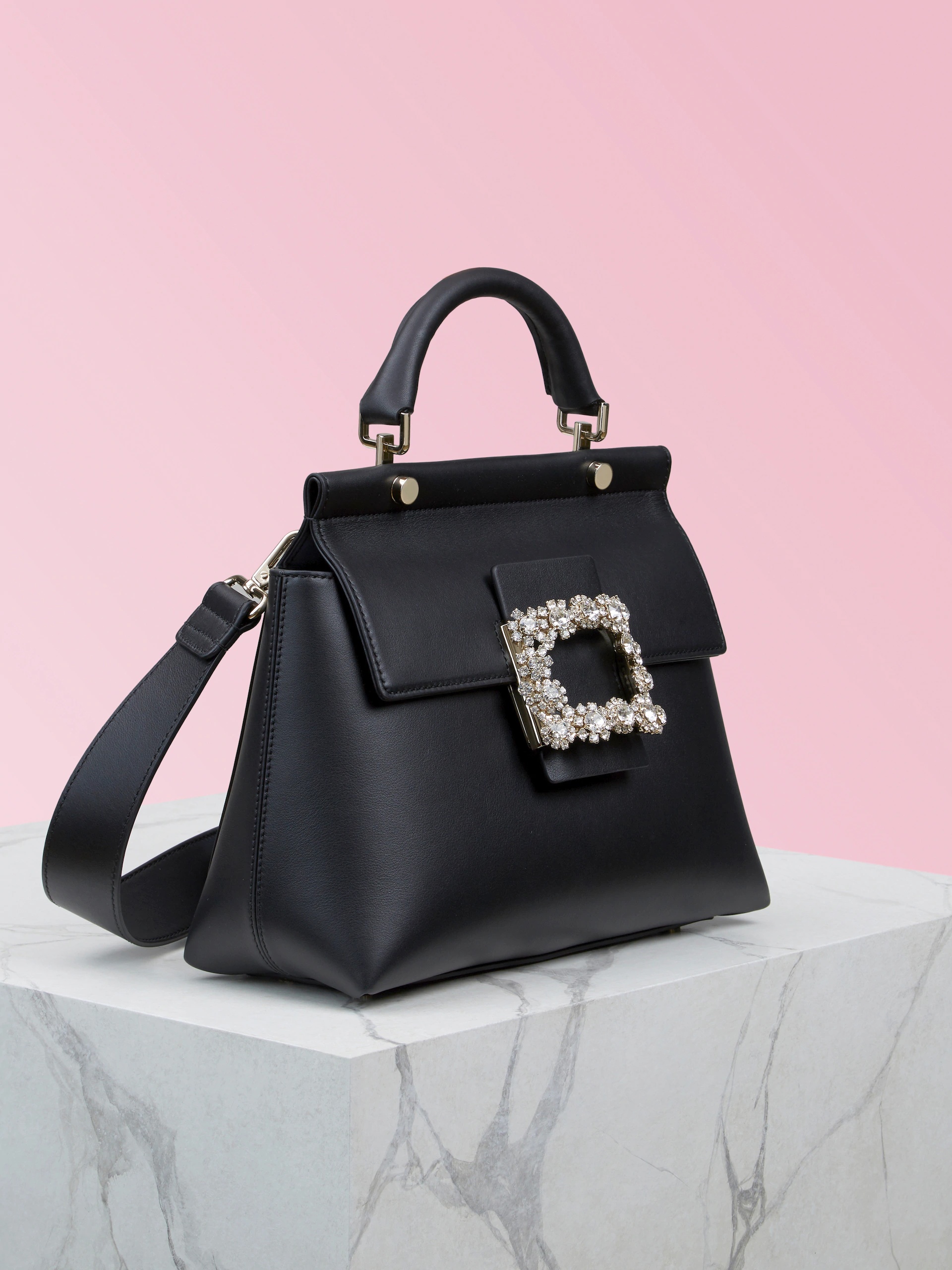 Roger Vivier Cabas Viv Flower Strass Buckle Handbag In Black