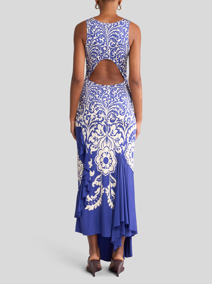 Etro Medallion Paisley Jersey Asymmetric Backless Dress In Blue