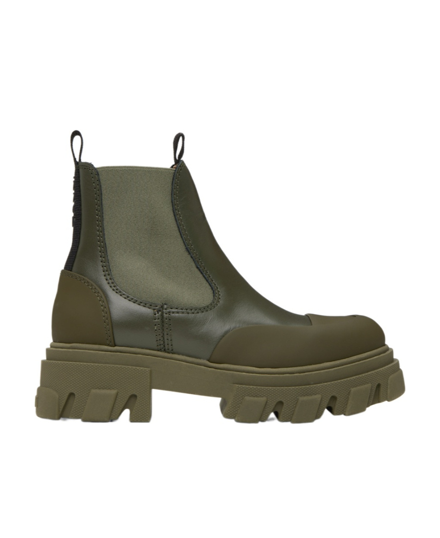Ganni Khaki Cleated Low Chelsea Boots In Green