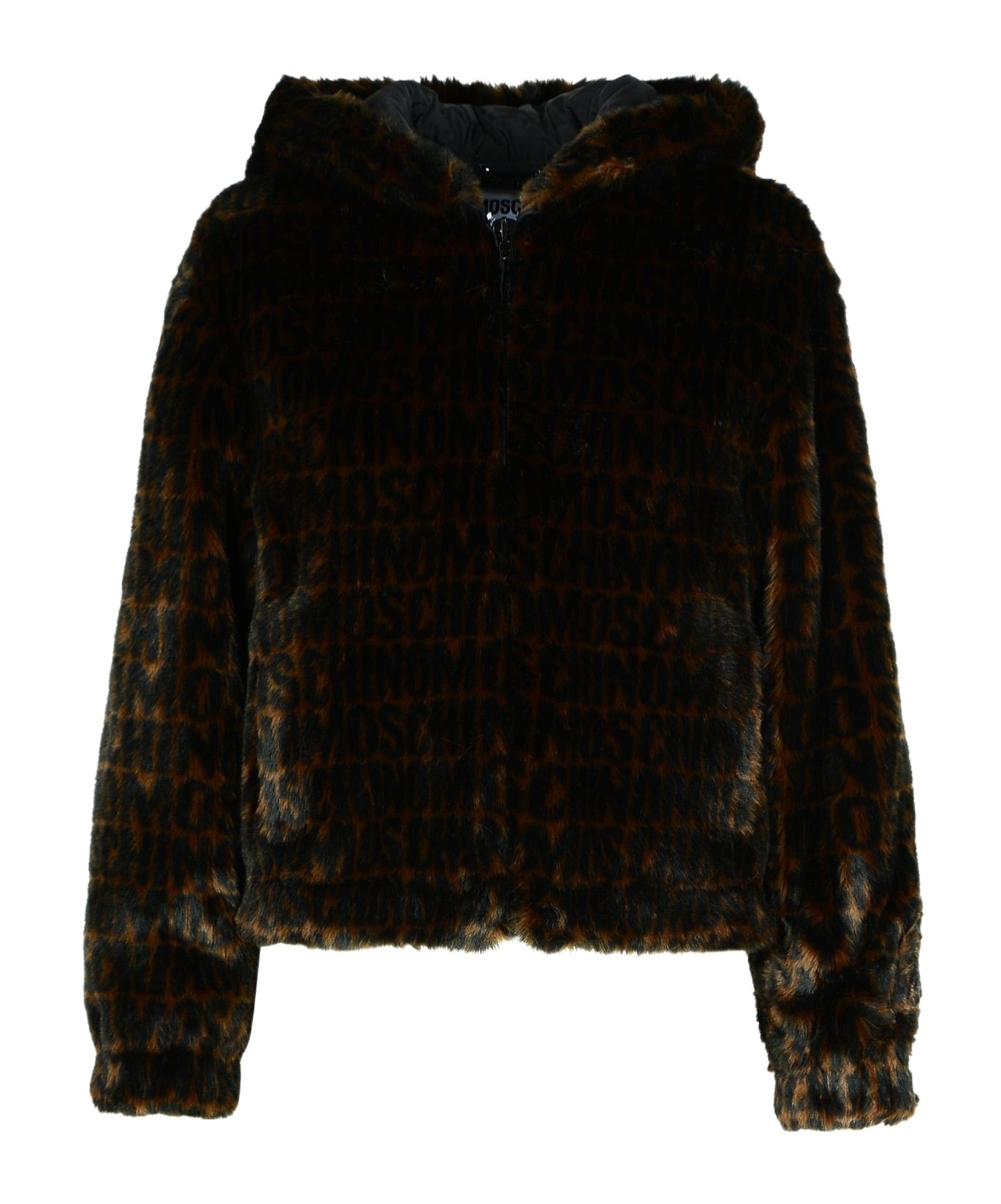 Moschino Faux Fur Hooded Coat With Side Pockets In Black