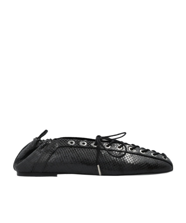 Ganni Eyelets Lace Up Ballerina Crinkle Oleatex In Black