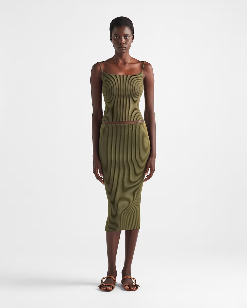 Prada Ribbed Knit Cotton Skirt In Green