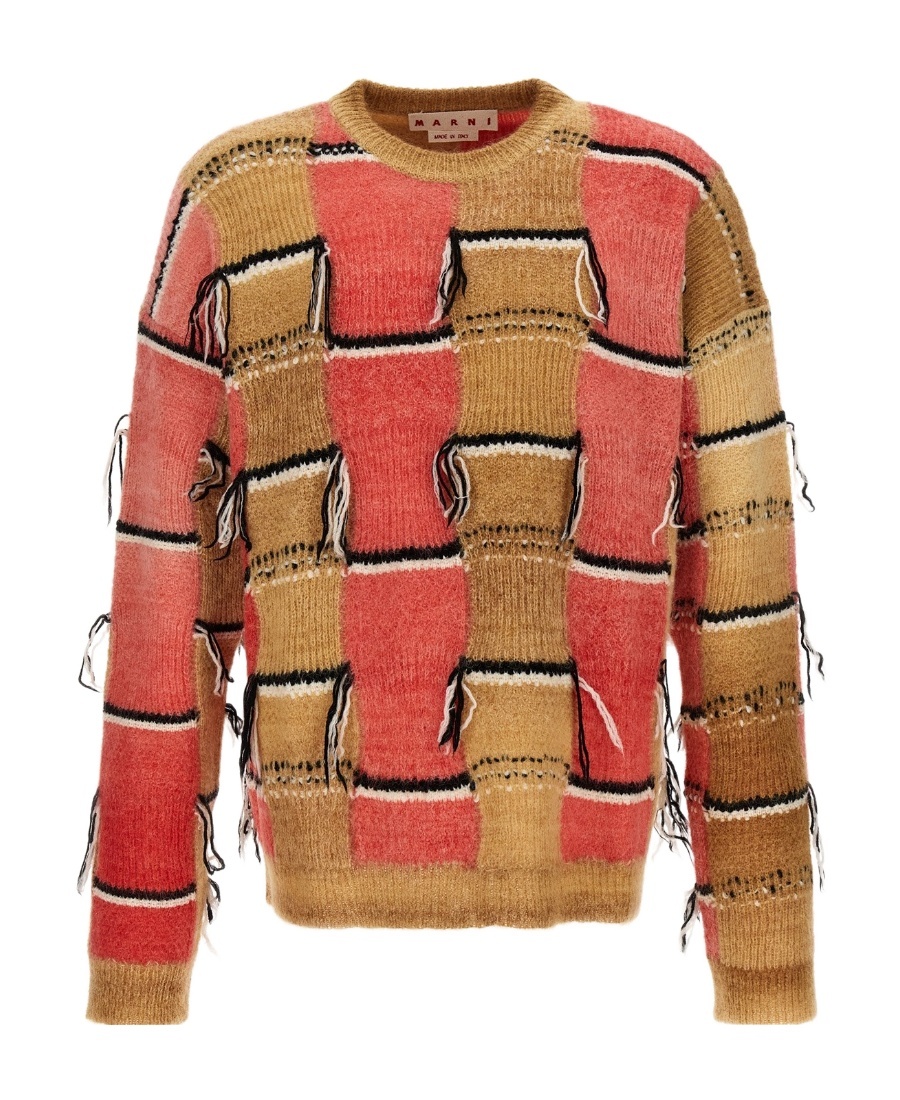 Marni Geometric-embroidered Ribbed Jumper In Brown