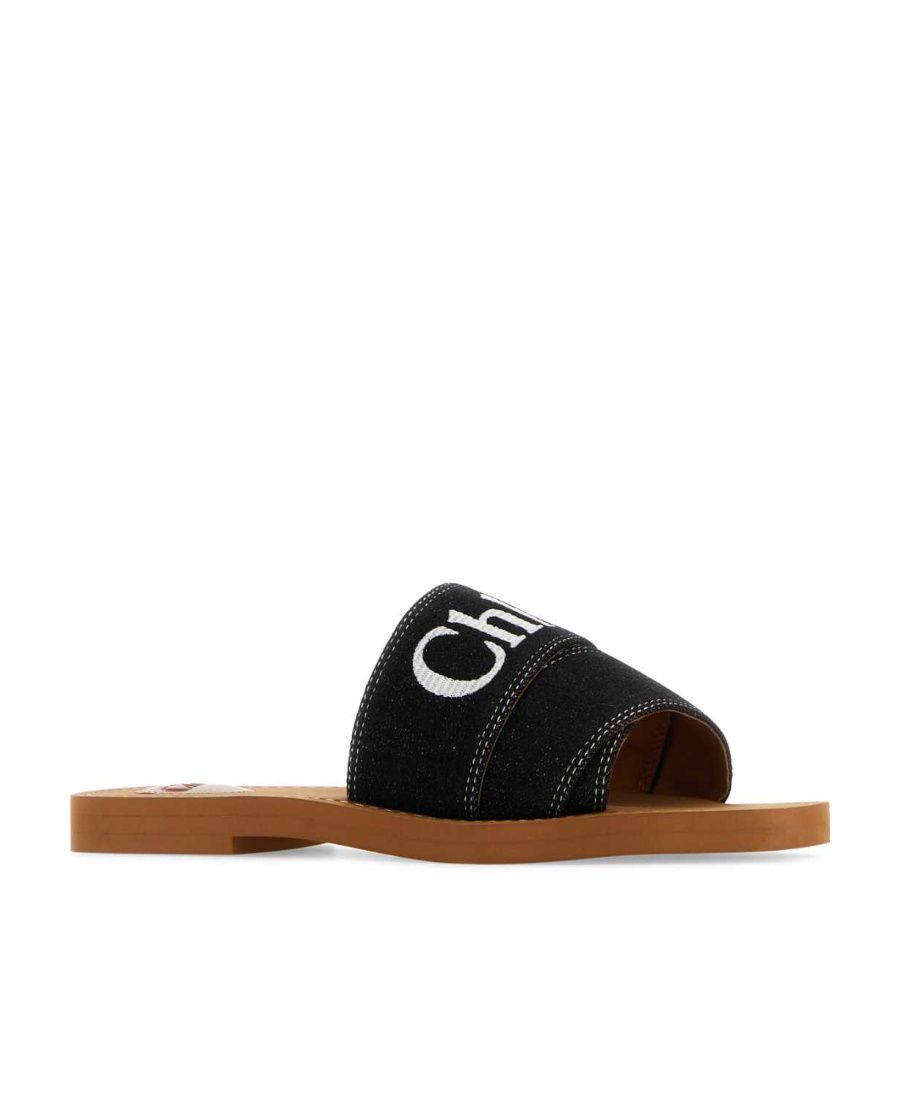 Chloé Woody Flat Logo Ribbon Slide Sandals In Black