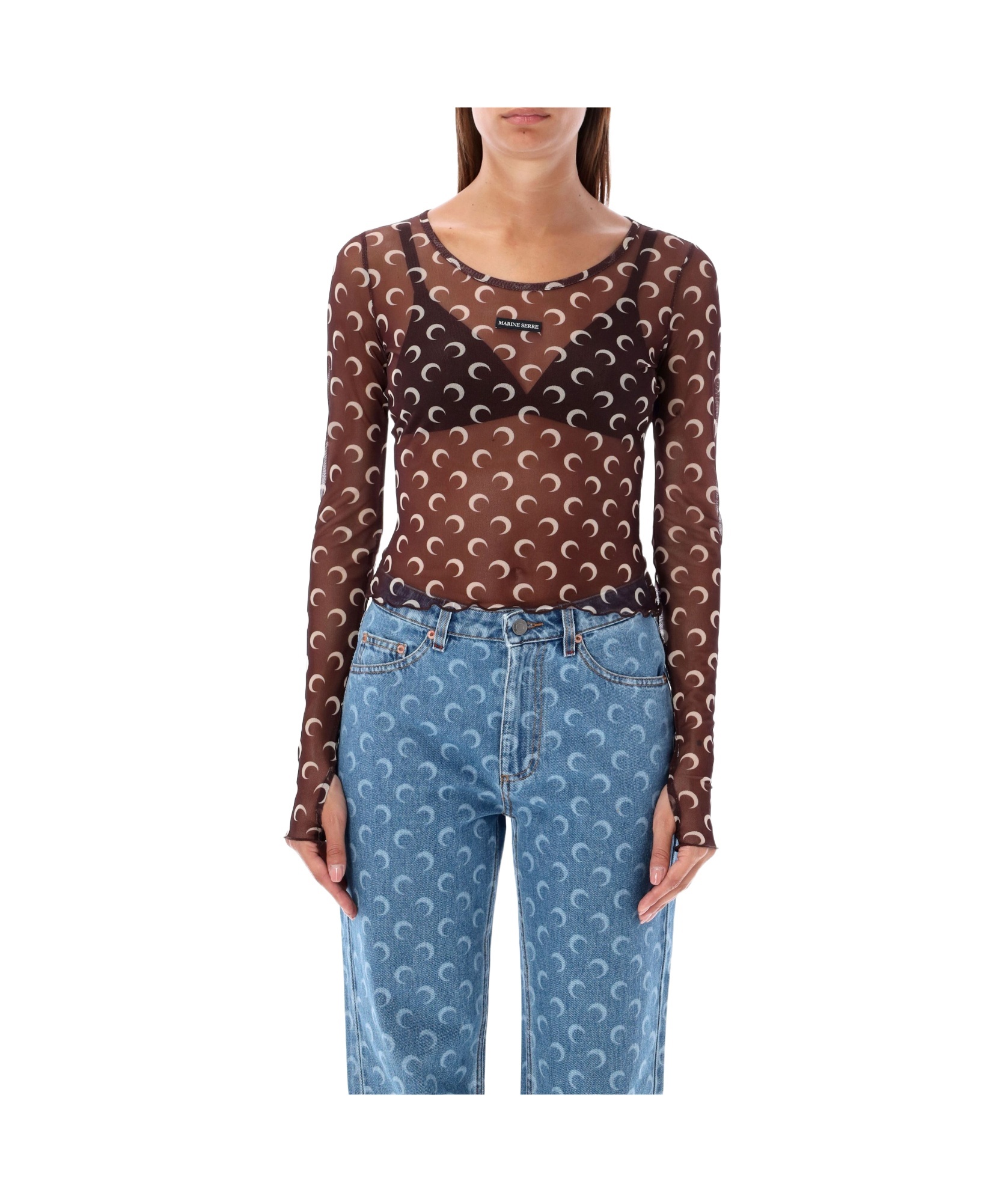 Marine Serre Moon-print Mesh Crop Top In Blue
