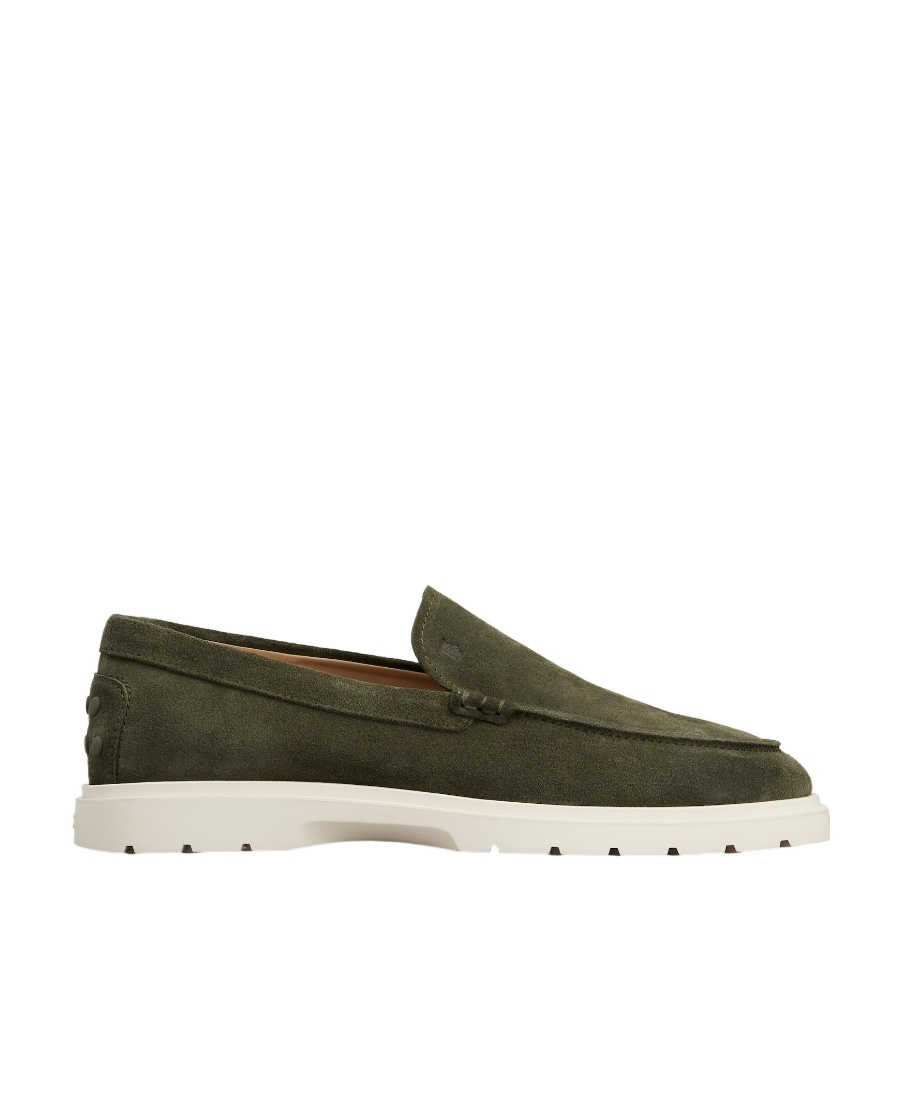 Tod's Round Toe Suede Loafers With Decorative Stitching In Green