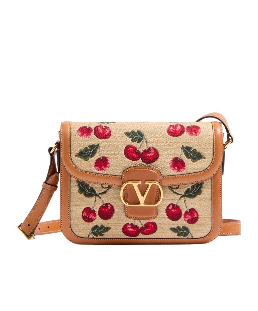 Valentino Garavani Valentino 9t05 Cherry-jacquard Raffia And Leather Cross-body Bag In Natural