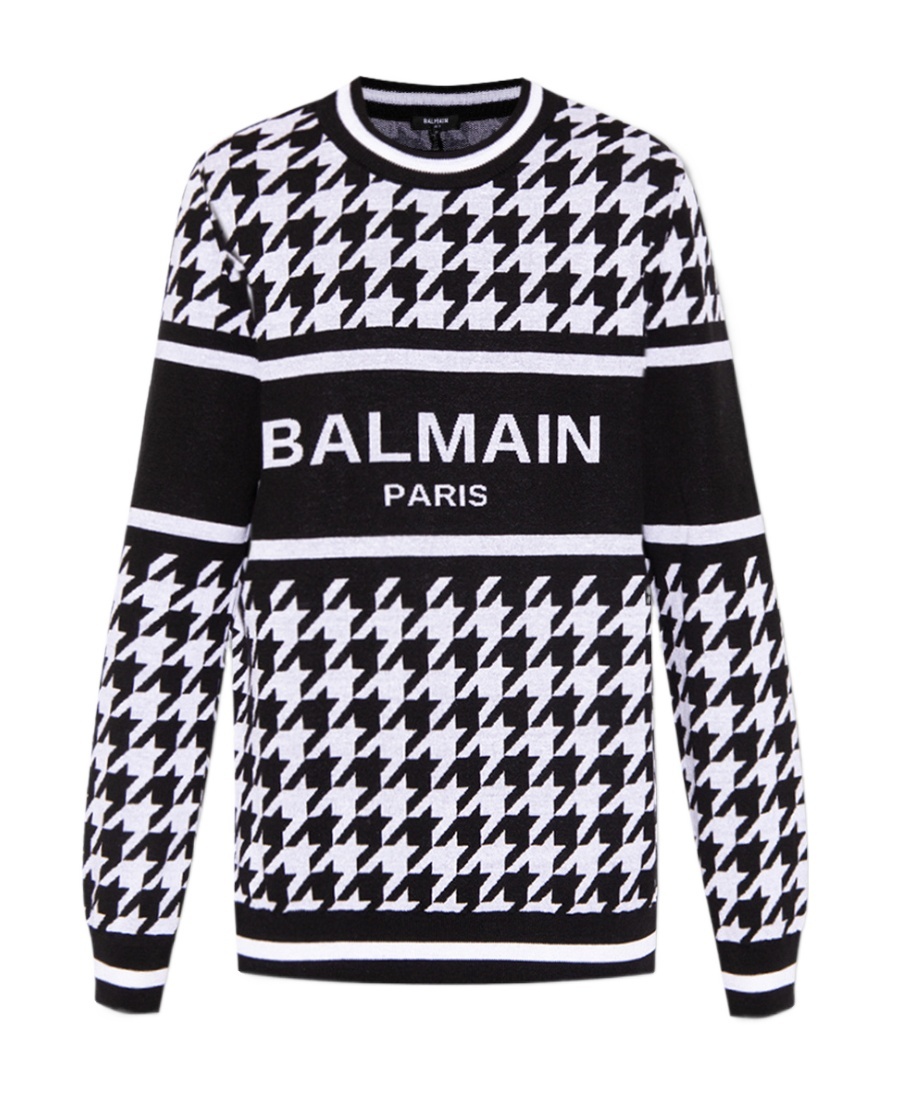 Balmain Logo-print Houndstooth Jumper In Black