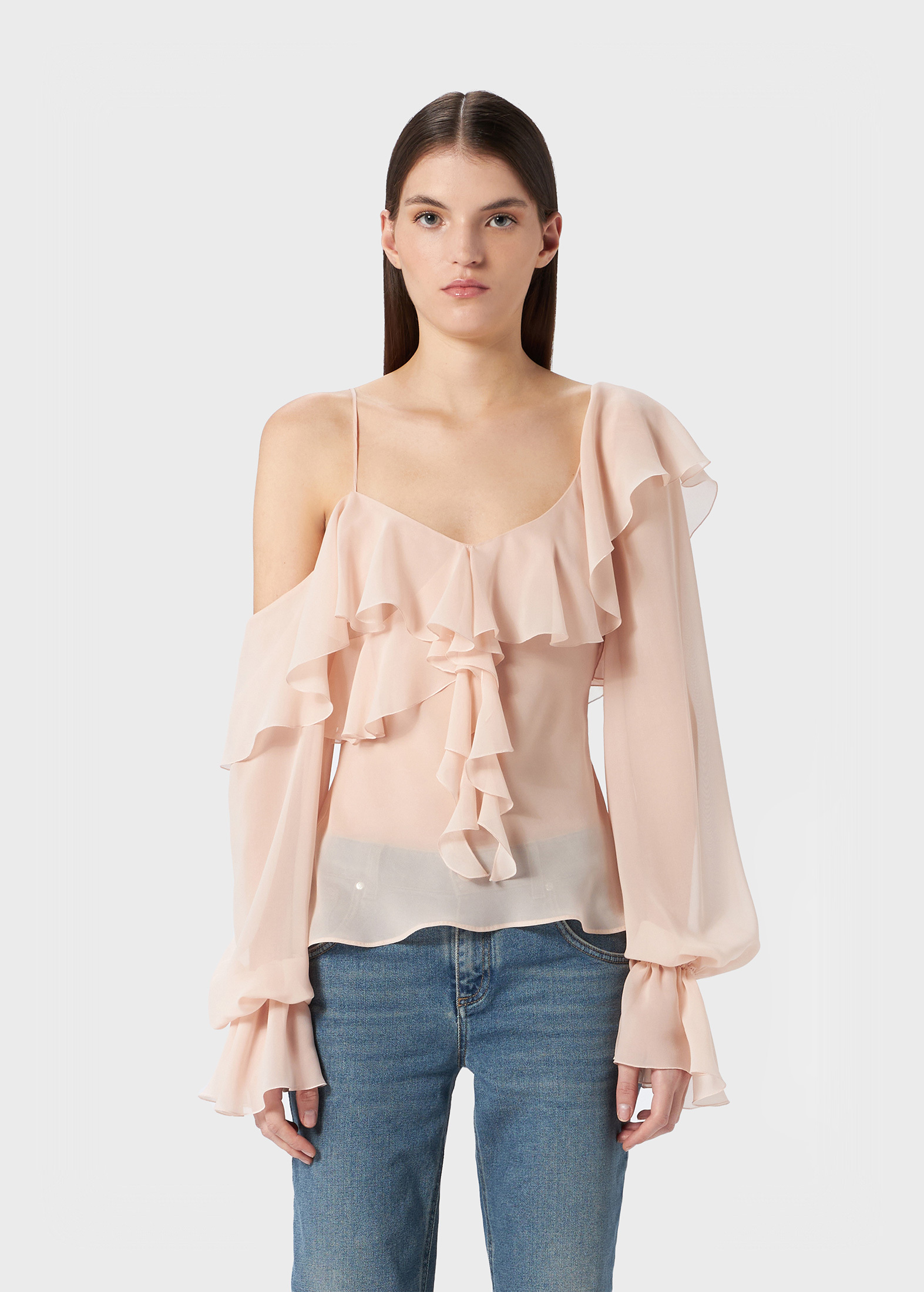 Blumarine Asymmetric-neck Silk Blouse In Nude