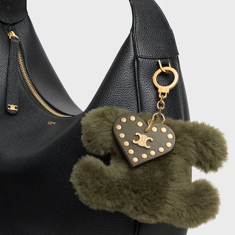 Celine Triomphe Pom-pom Charm In Shearling And Calfskin In Green