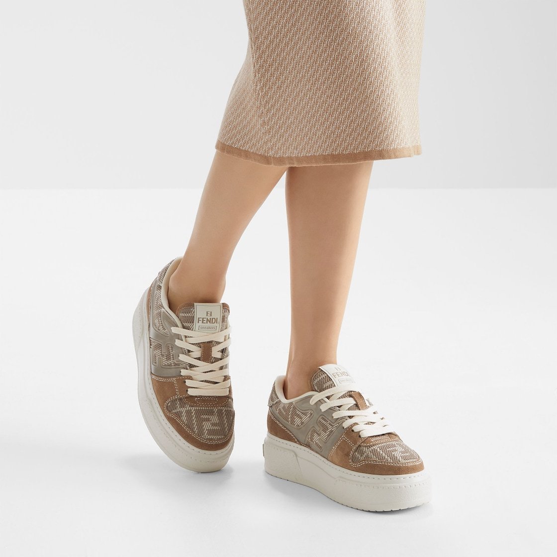 Fendi Match Canvas And Suede Low-top Sneakers In Neutral