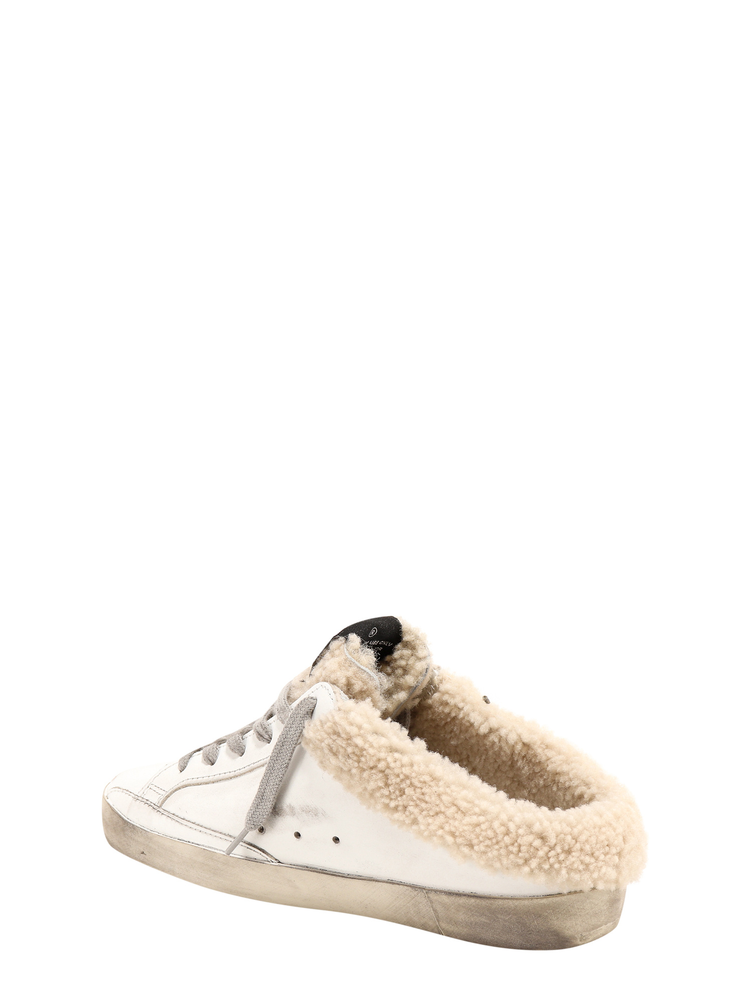 Shop Golden Goose Super-star Sabots In White Leather With Silver Glitter Star And Shearling Lining In Nude