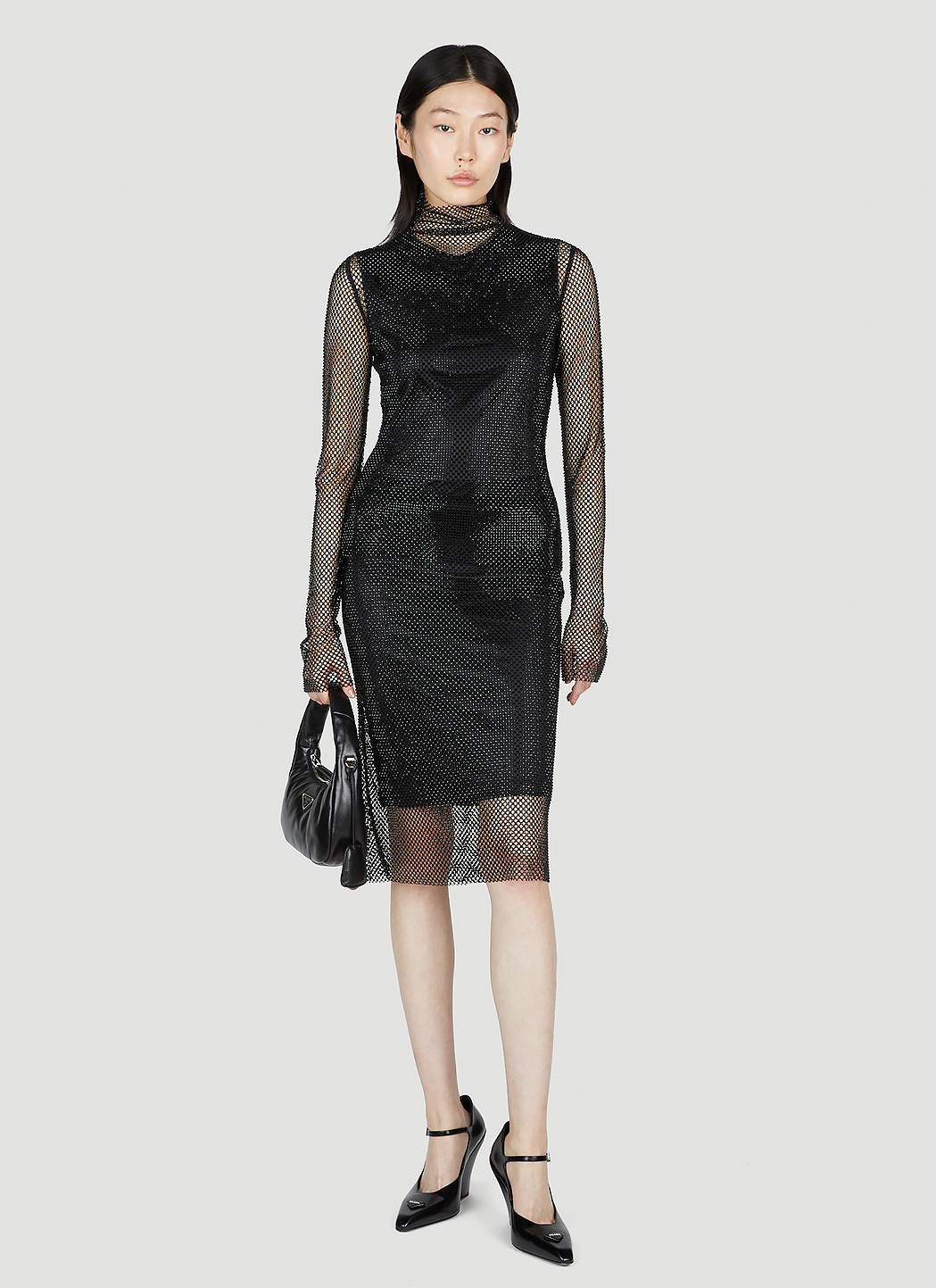 Sportmax Sheer Fishnet Long-sleeve Fitted Top With High Neck In Black