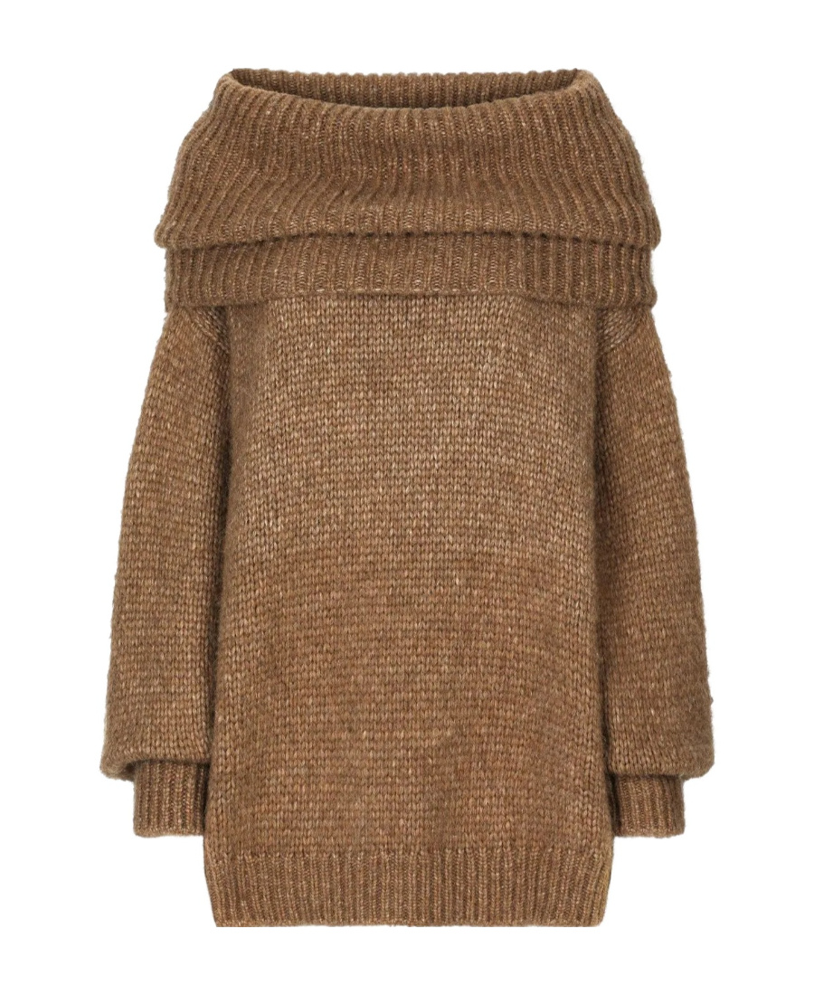 Dolce & Gabbana Oversize Llama Wool Sweater With Shawl Neck In Brown