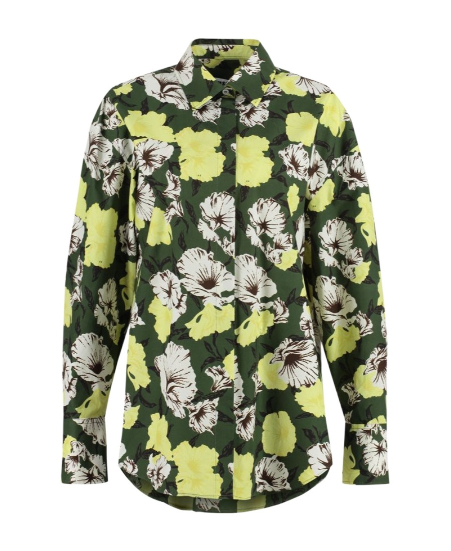 Msgm Cotton Shirt With Floral Print And Collar In Green