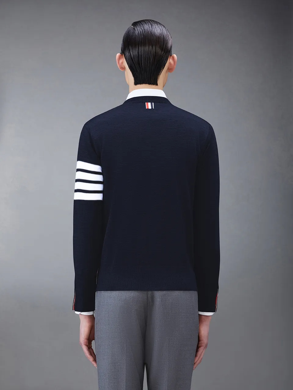 Thom Browne Ribbed Hem Crewneck Striped Sleeve Button Cuffs In Black