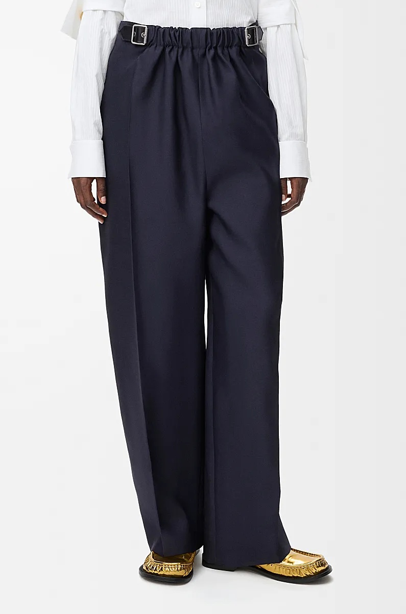 Loewe Womens Navy Blue Belted Wide-leg Wool-silk Blend Trousers In Blue