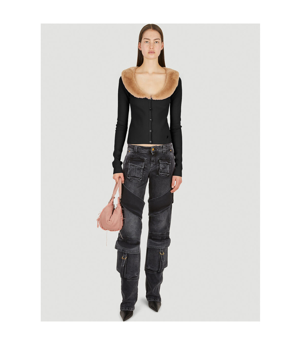 Blumarine Faux-fur Collar Knitted Cardigan In Black