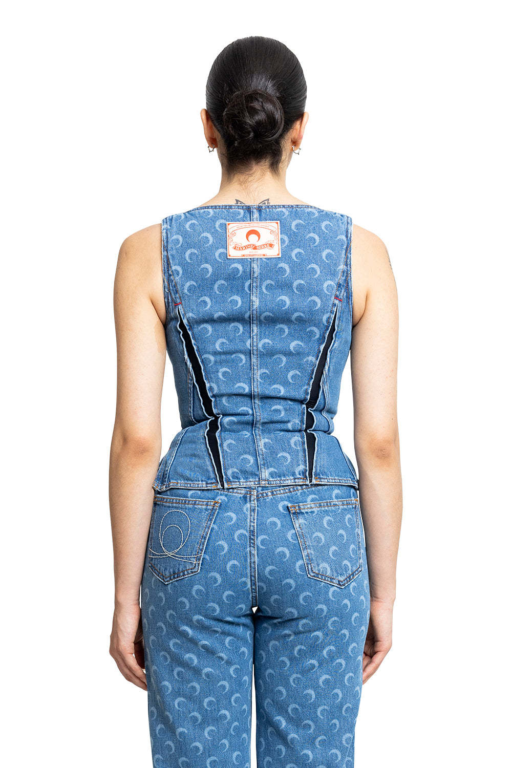Marine Serre Crescent-moon-print Denim Top In Blue