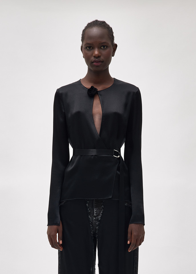 Blumarine Floral-appliqué Wraparound Blouse In Black
