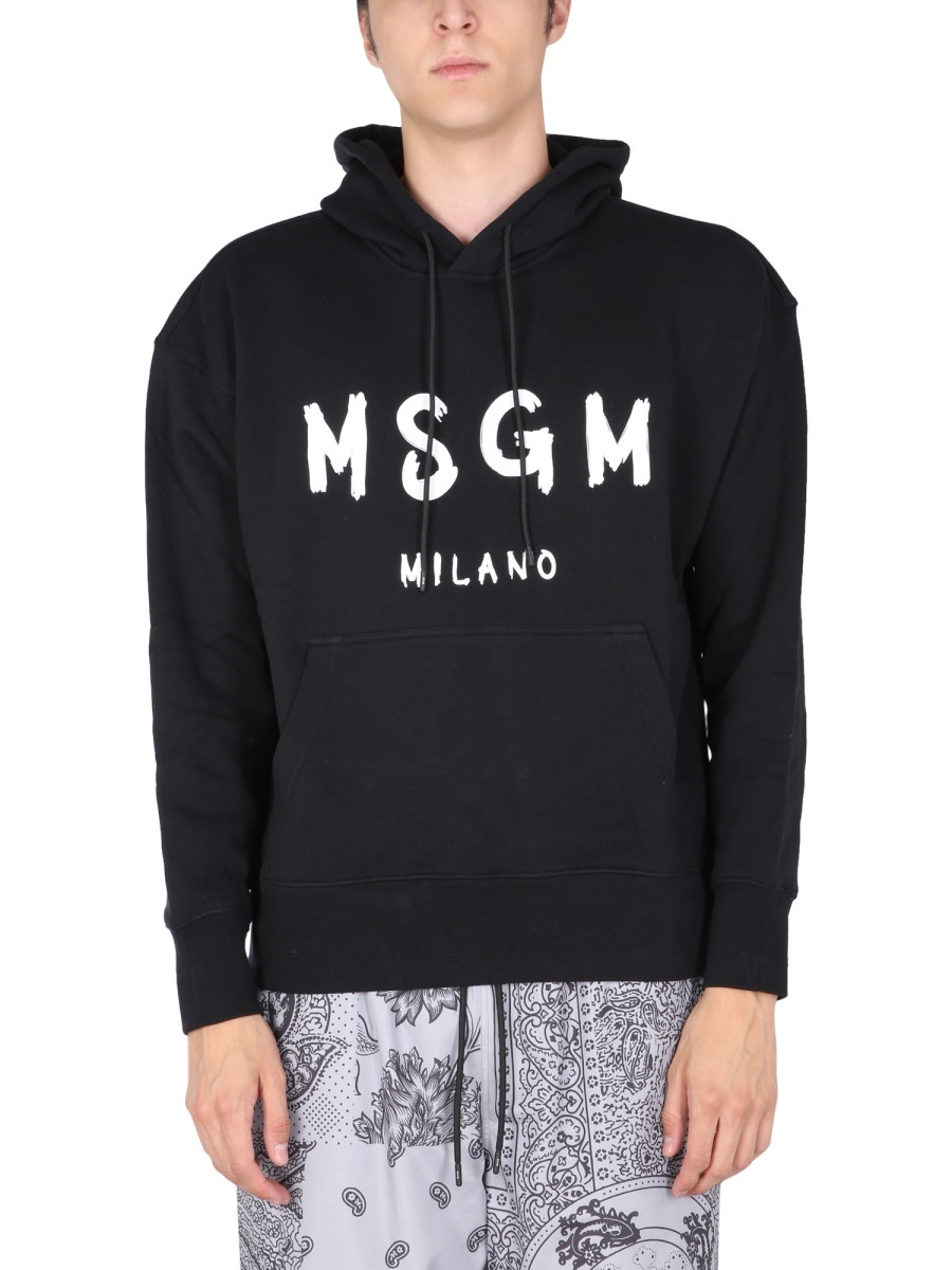 Msgm Logo Print Cotton Hoodie In Black