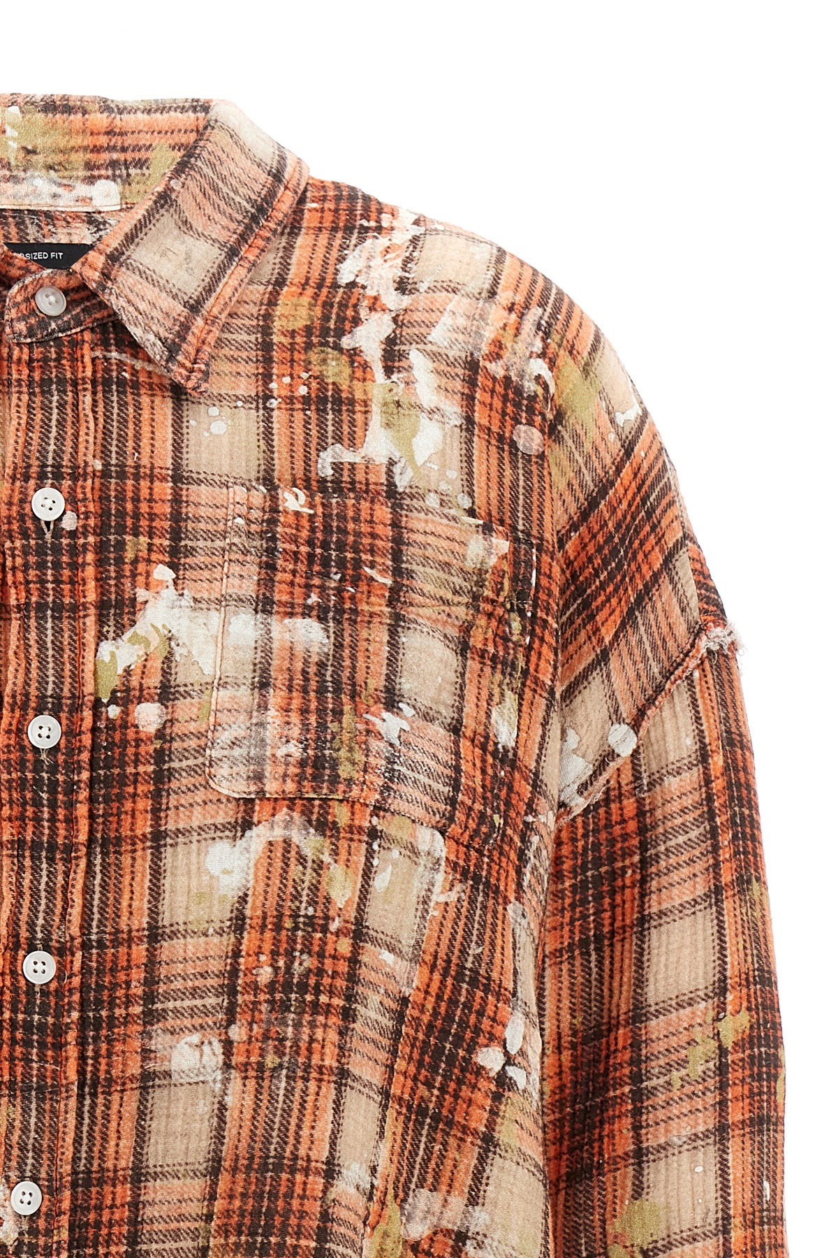 R13 Shredded-seam Drop-neck Shirt In Orangeplaidwithpaintsplatter-multicolor