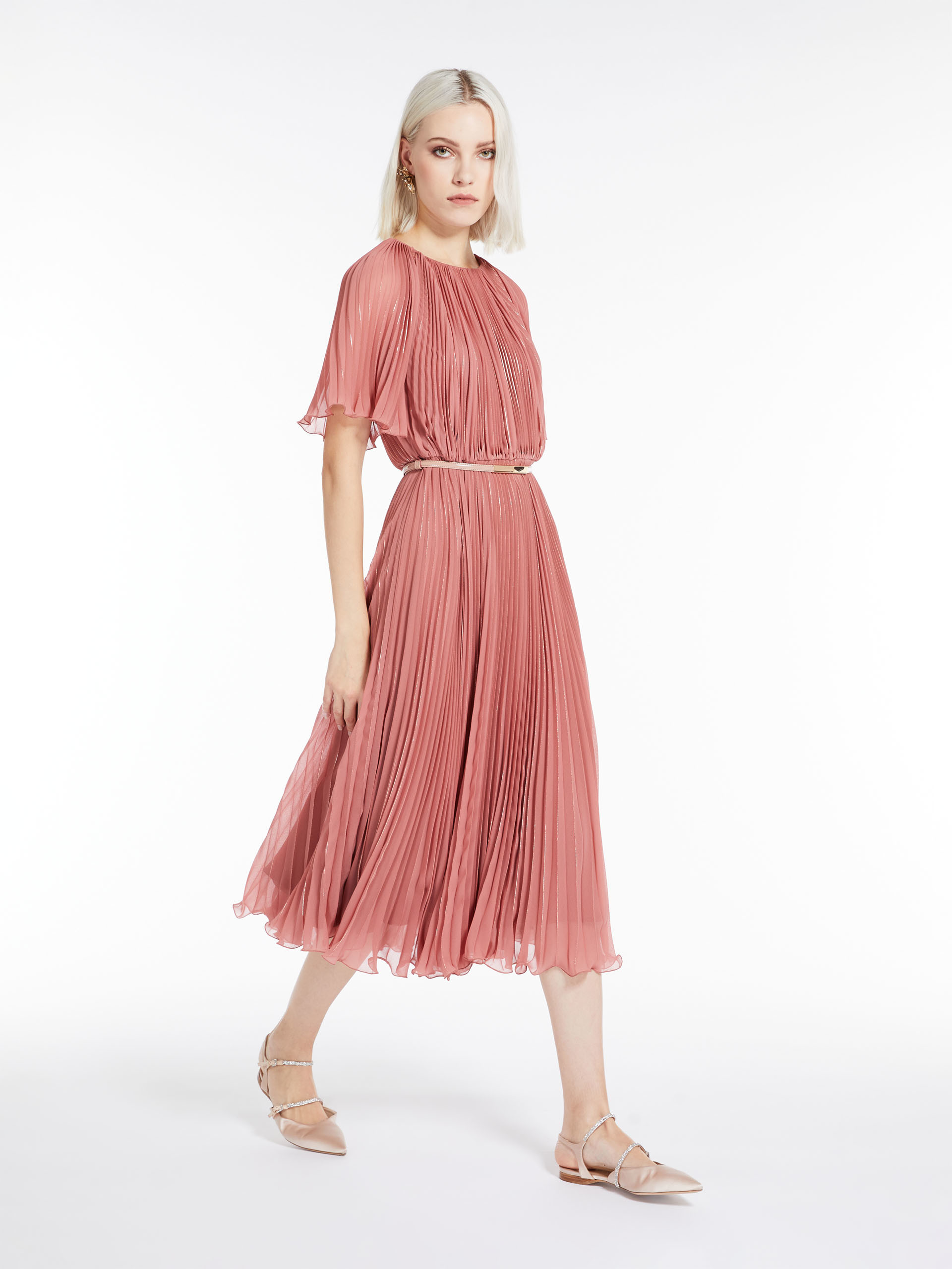 Max Mara Georgette Pleated Dress In Pink