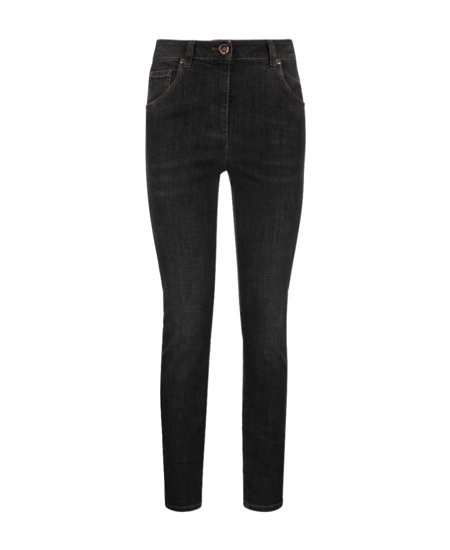 Brunello Cucinelli Slim Pants In Stretch Denim With Shiny Leather Tab In Black