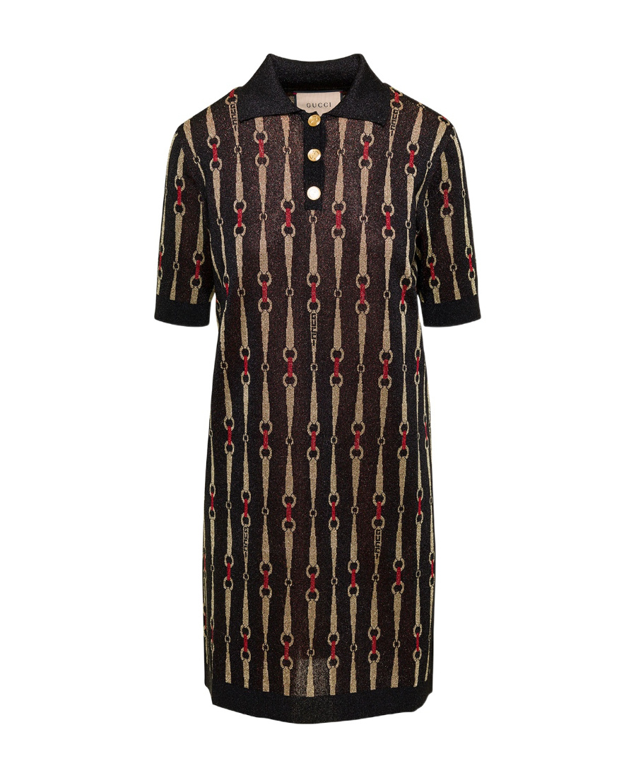 Gucci Mini Black Dress With Short Sleeves And All-over Horsebit Print In Lurex Woman In Black
