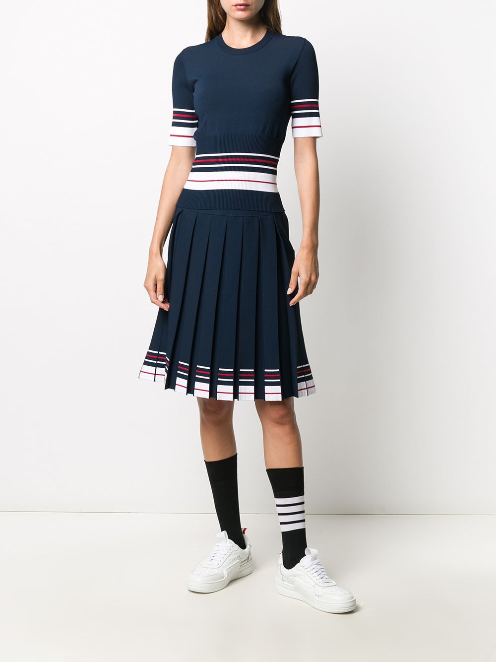 Thom Browne Stripe-print Box-pleat Skirt In Black
