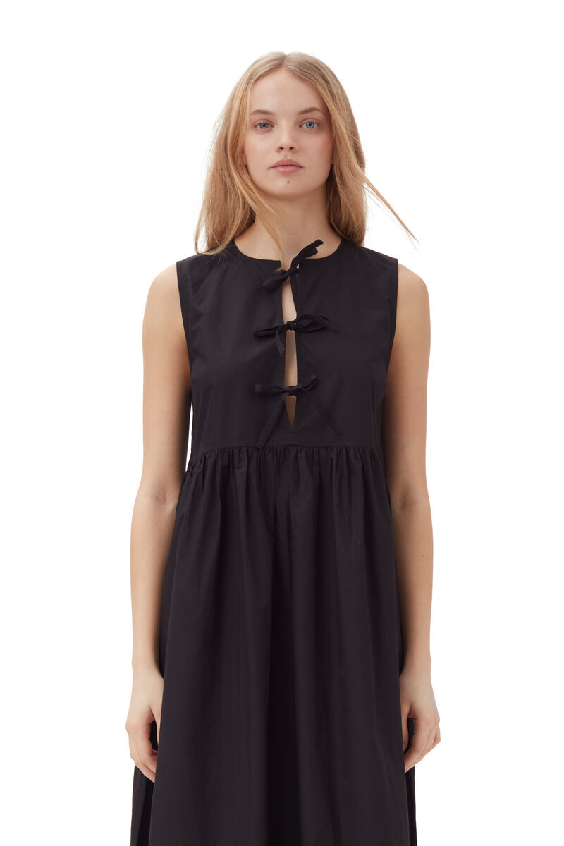 Ganni Tie String Poplin Dress In Black