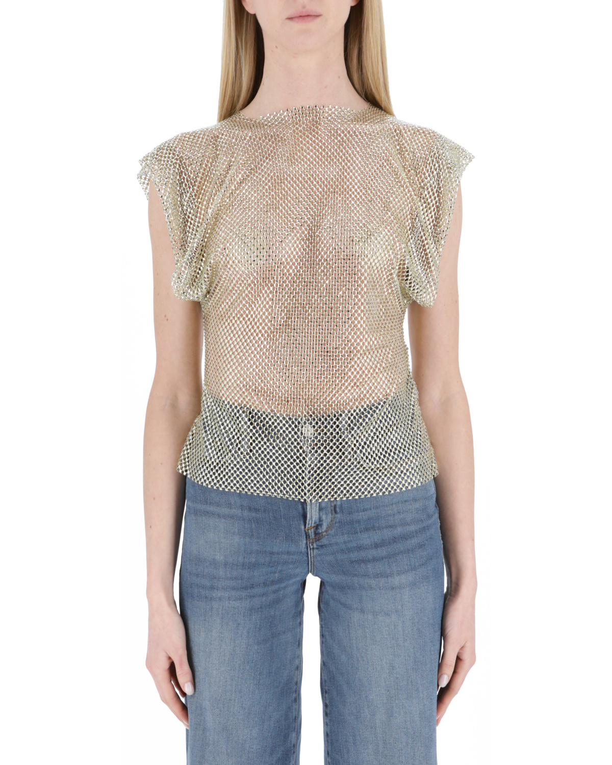 Philosophy Di Lorenzo Serafini Gold Rhinestone Sheer Sleeveless Blouse In Nude