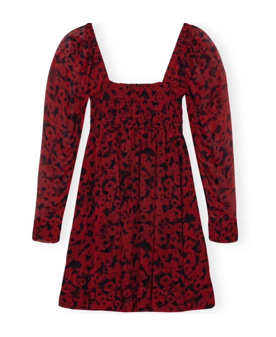 Ganni Square-neck Georgette Minidress In Red