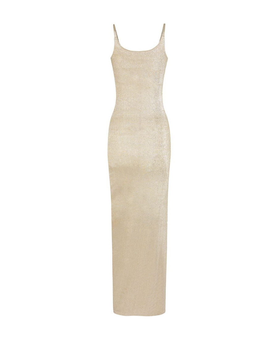 Rabanne Metallic Pleated Dress With Side-button Ruched Detail In Nude