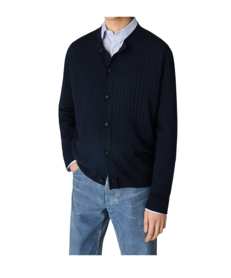 Bottega Veneta Mens Abyss Crewnck Ribbed Wool Cardigan In Blue