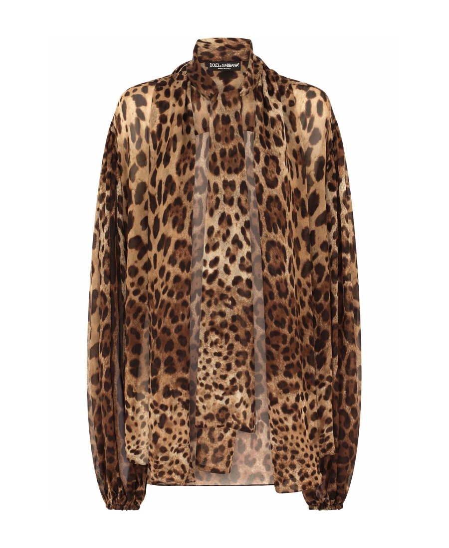 Dolce & Gabbana Leopard-print Silk Pussy-bow Blouse In Brown