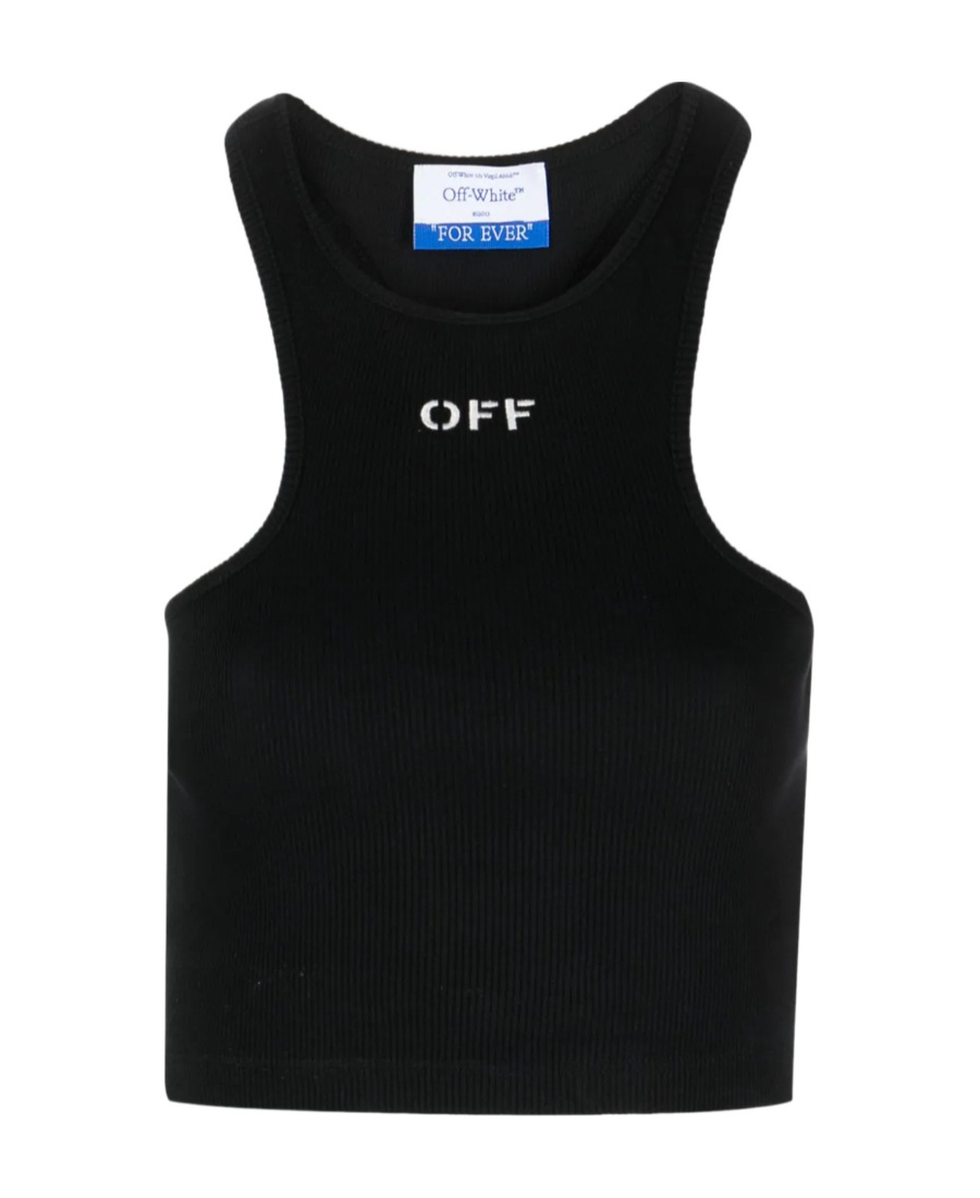 Off-white Top A Coste Con Scollo Olimpionico E Logo Off In Black