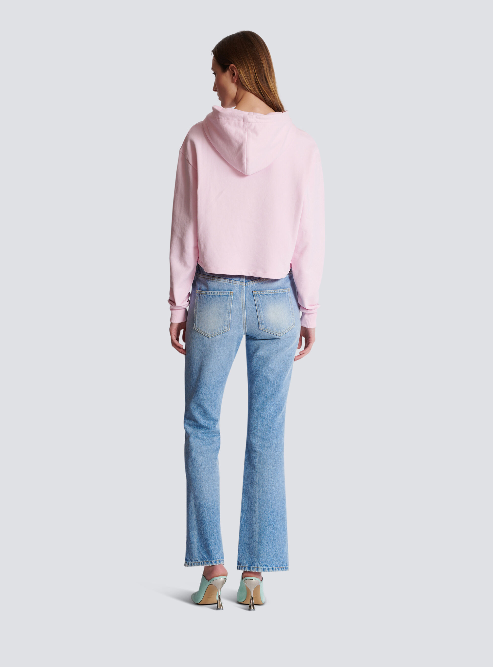Balmain Flocked Logo Cropped Organic Cotton Hoodie In Pink