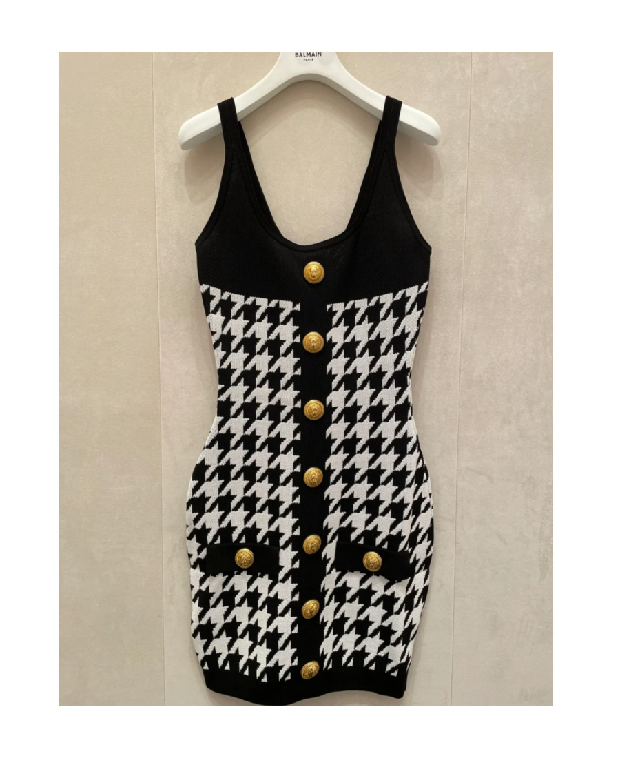 Balmain Hounstooth Knitted Minidress With Logoed Buttons In Black